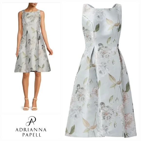 green emerald velvet dress Floral Jacquard Short Fit and Flare Dress in Blue Black Multi main image 1